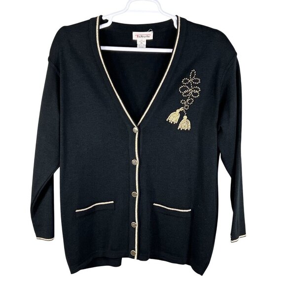 Talbots Womens XL Black Wool Cardigan Gold Embroidery Italy Made Button Up Artsy - Picture 2 of 16